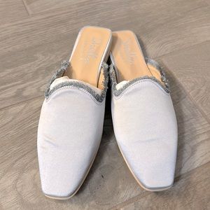 Shelly’s London Silver Satin Fringe Kat Mules